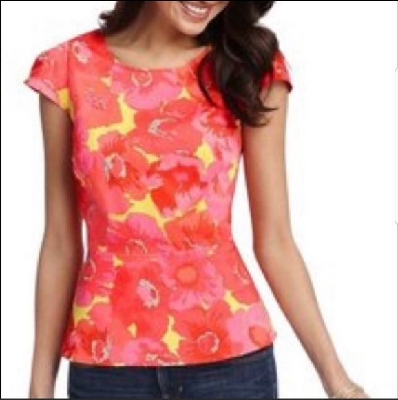 LOFT Tops - LOFT pink yellow peplum cap sleeve top